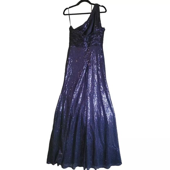 Rene Ruiz Women One-Shoulder Sequin Long Gown Purple Slit Drape Waist Sz12 $1595 - Picture 5 of 13